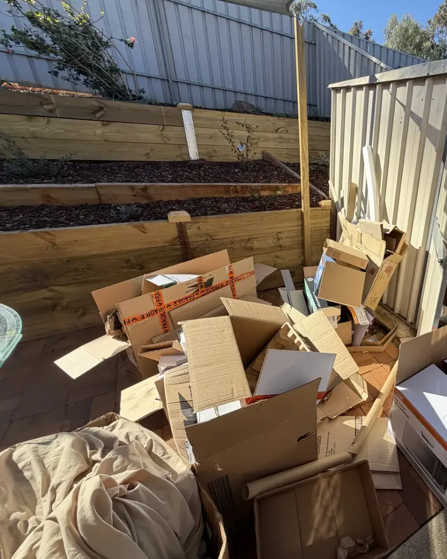 Before: Cardboard boxes piled up outside a garden shed