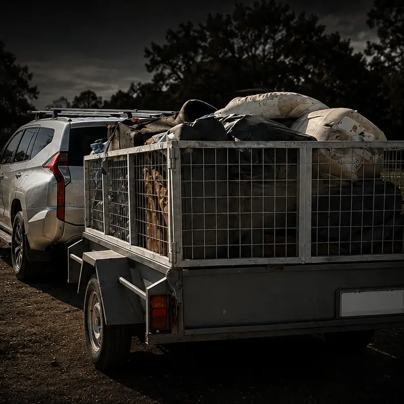 SUV towing a caged trailer loaded with rubbish and an old mattress for removal in North East Adelaide